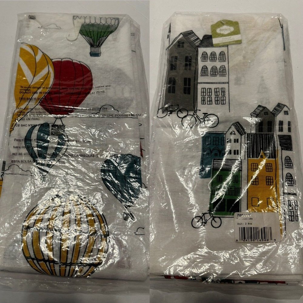 NWT 2 Danica Studio Tea Towels Hot Air Balloons City Buildings Bicycle Panorama